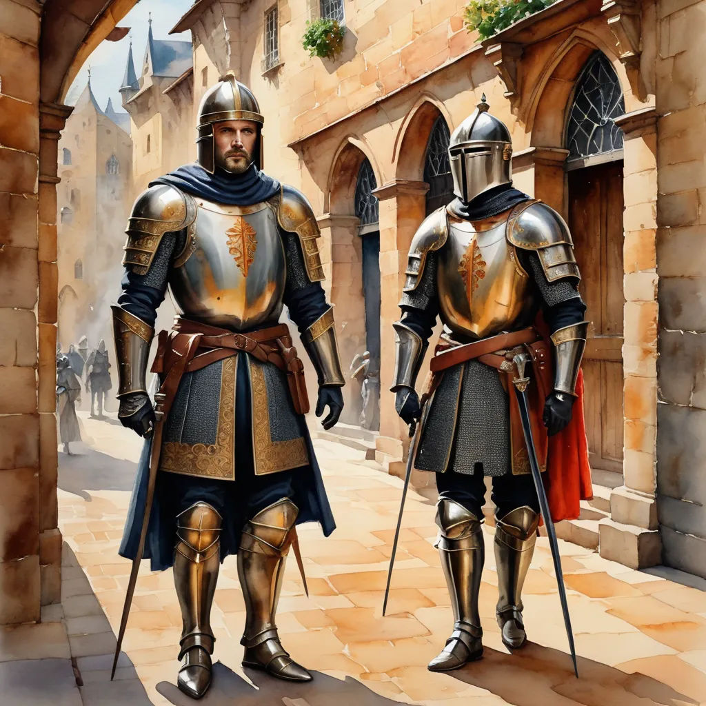 two knights in full armor standing in a courtyard of a castle building with a red flag on the corner, antipodeans, concept art, Brothers Hildebrandt, medieval