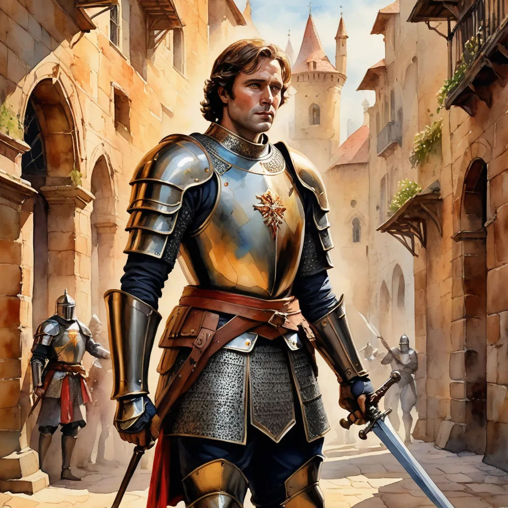 a man in a suit of armor holding a sword and a sword in his hand while standing in a courtyard, fantasy art, a character portrait, Clint Cearley, epic fantasy character art