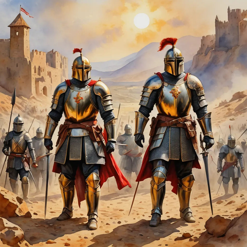 a painting of two knights in full armor walking through a desert landscape with a castle in the background and a flag flying in the sky, antipodeans, concept art, Christophe Vacher, fantasy concept art