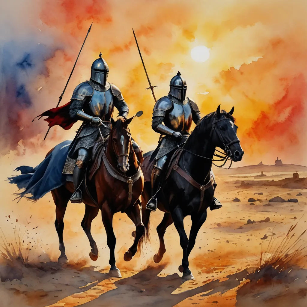 two knights on horses in a desert setting with a sunset in the background and a red sky in the background, antipodeans, a detailed painting, Alex Horley-Orlandelli, medieval