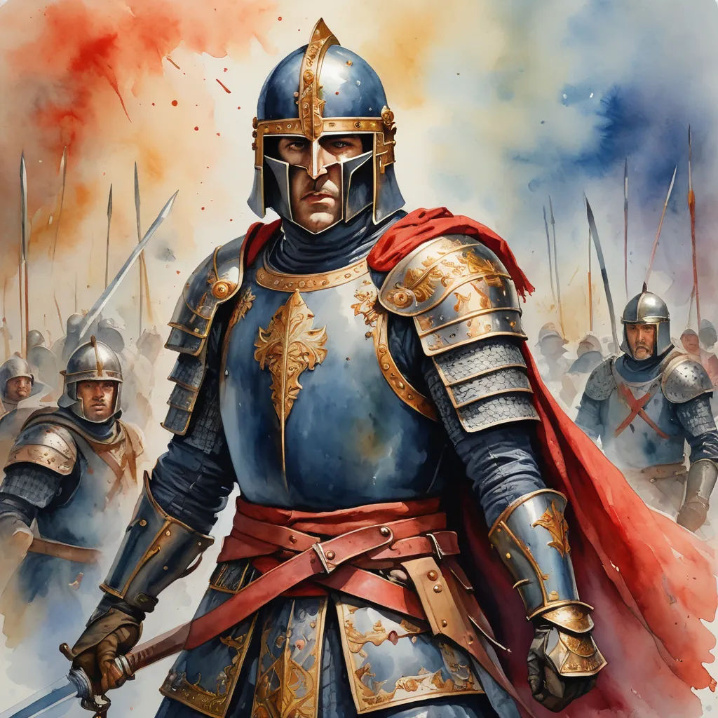 a painting of a man in armor with two swords in his hand and two other men in full armor behind him, antipodeans, a detailed painting, Darek Zabrocki, medieval