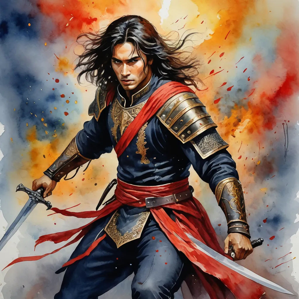 a painting of a man in armor holding a sword and a sword in his hand with a red and yellow background, fantasy art, a detailed painting, Altoon Sultan, epic fantasy character art