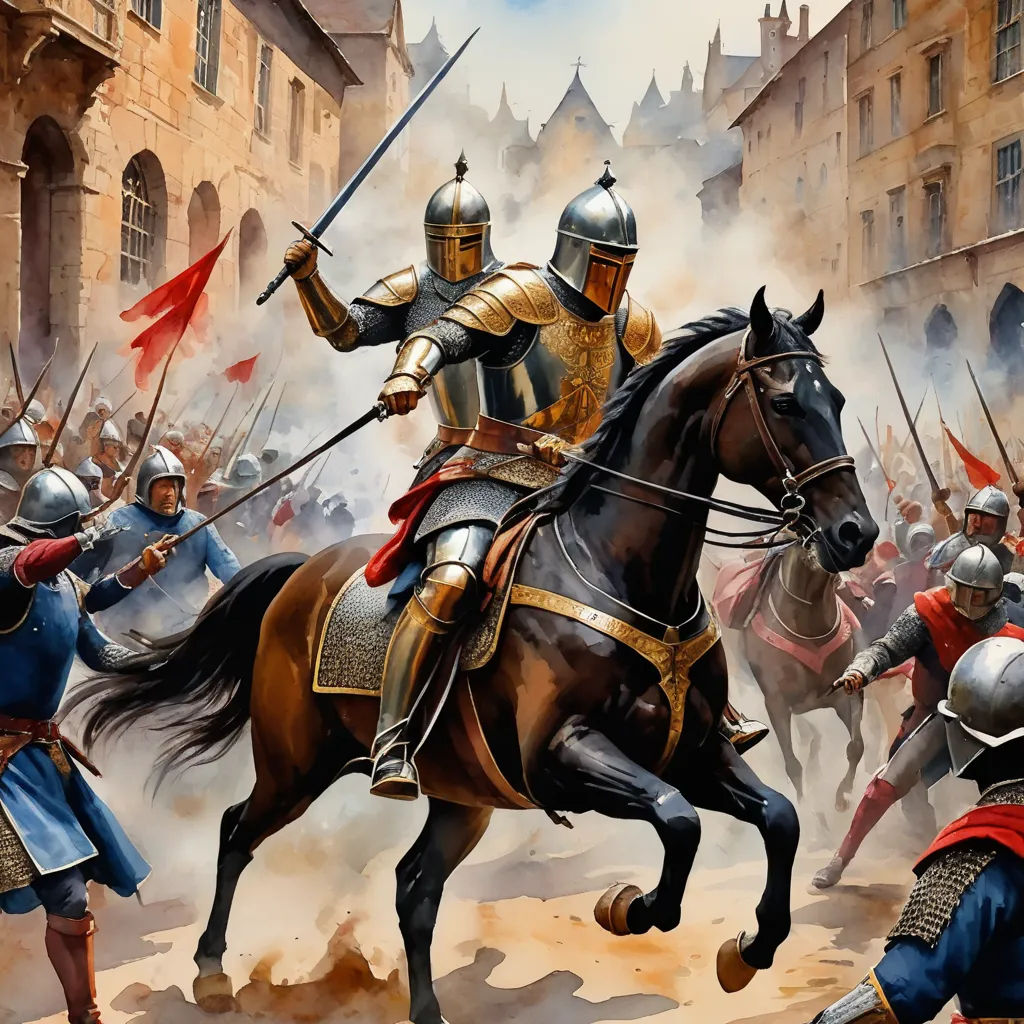 a painting of a man on a horse with a sword in his hand and a group of men in armor behind him, antipodeans, concept art, Boleslaw Cybis, medieval