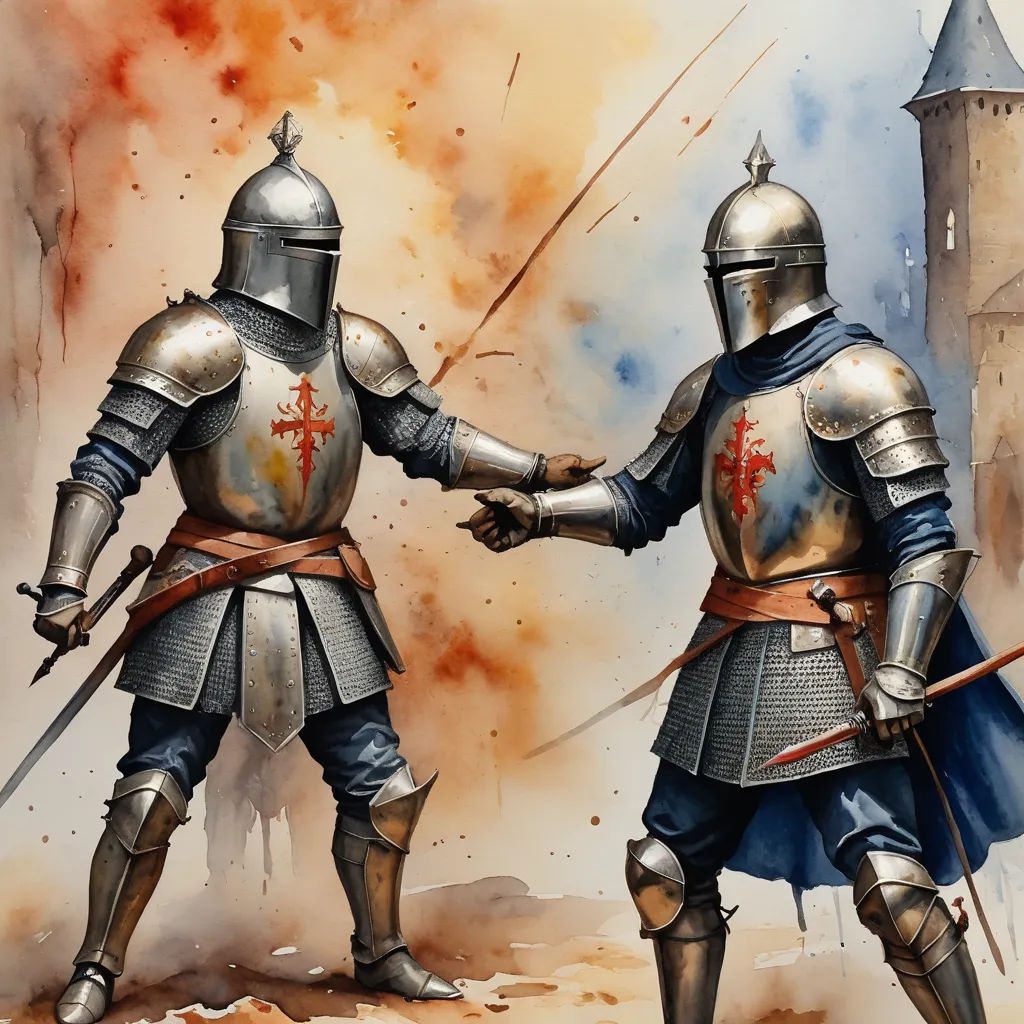 two knights in full armor are shaking hands with each other in front of a castle with smoke pouring out of it, antipodeans, a detailed painting, Brothers Hildebrandt, medieval