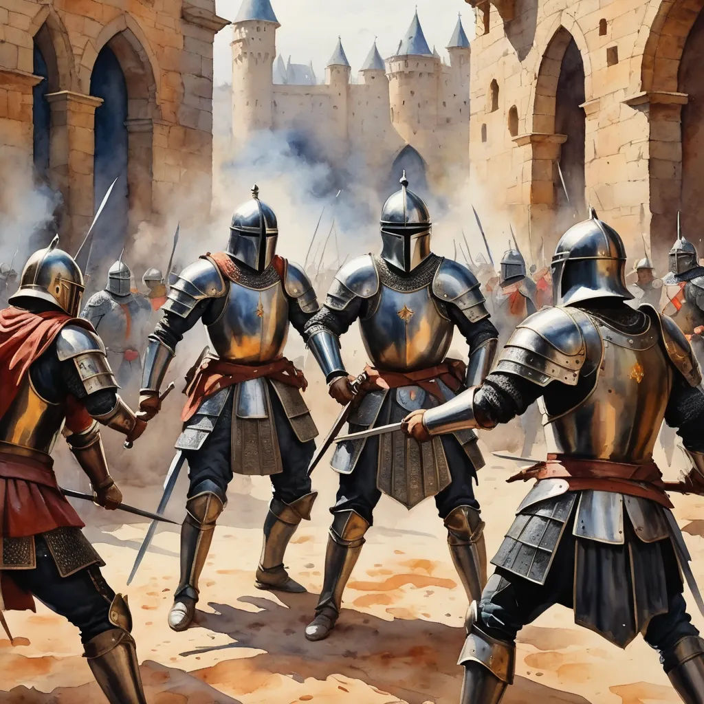 a painting of knights in armor in front of a castle wall with smoke coming out of the walls and a castle in the background, antipodeans, concept art, Christophe Vacher, medieval