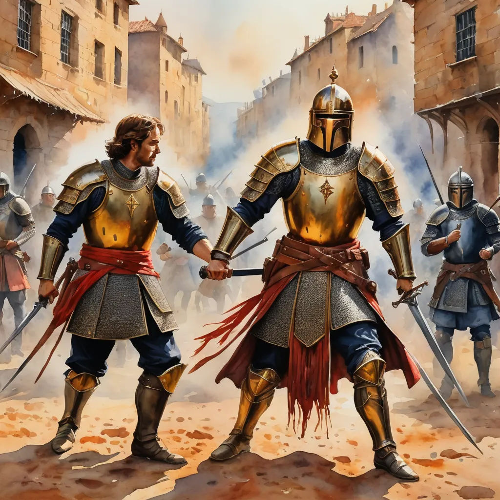 a painting of two knights holding hands in a town square with other knights in the background and a third man in the foreground, antipodeans, concept art, Brothers Hildebrandt, fantasy concept art