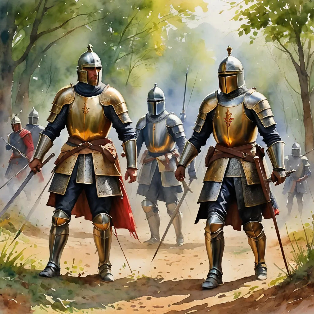 a painting of knights walking down a path in a forest with trees and bushes behind them, with a man in the middle of the picture, antipodeans, concept art, Christophe Vacher, medieval