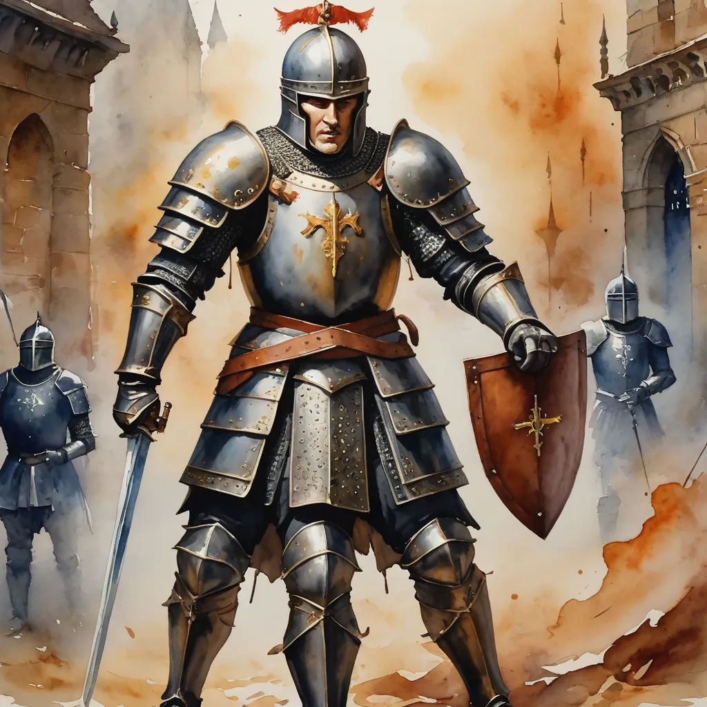 a painting of a knight standing in front of a castle with two other knights behind him and a red flag on his head, antipodeans, concept art, Christophe Vacher, epic fantasy character art