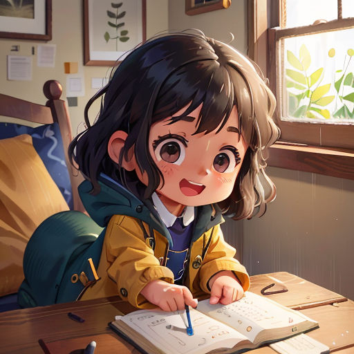 a girl sitting at a desk writing on a book with a pen and paper in front of her, with a window behind her