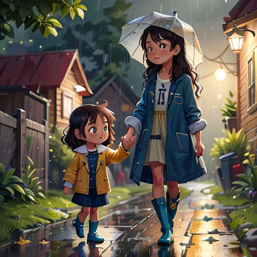 a little girl holding the hand of a little girl in the rain with an umbrella over her head,