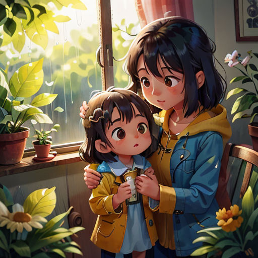 a couple of people standing next to each other near a window with plants in the background and a potted plant