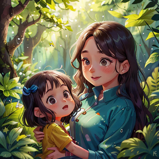 a woman and a child in the woods with leaves on the ground and a tree in the background, with a sun shining through the leaves