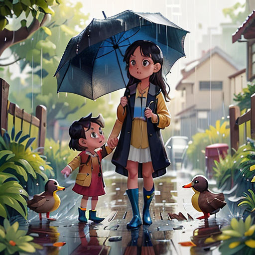 a woman and a child holding an umbrella in the rain while ducks walk by them in the rain,
