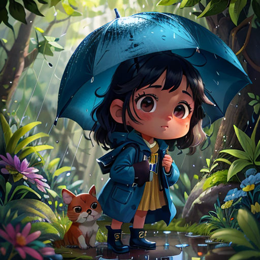 a little girl holding an umbrella in the rain with a cat sitting on the ground next to her in the rain