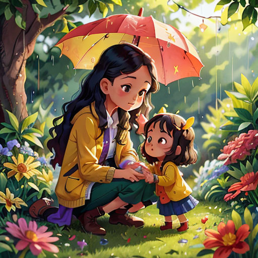 a woman kneeling down next to a little girl under an umbrella in a forest filled with flowers and trees