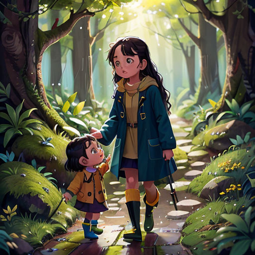 a woman and child walking through a forest with a light shining on them and trees in the background,