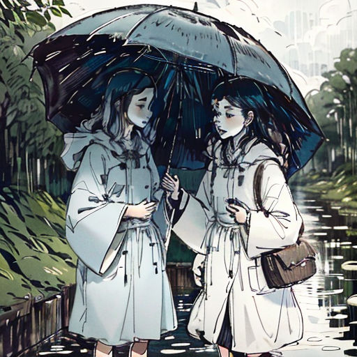 two women standing under an umbrella in the rain in a park, one holding a purse and the other holding a purse