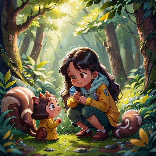 a girl and a squirrel in the woods with sunlight shining through the trees and leaves on the ground, and a forest scene behind her