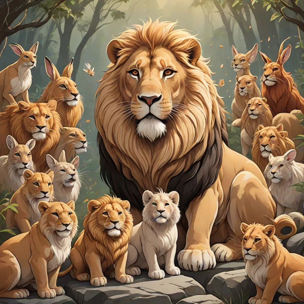 a group of lions sitting on top of a rock in a forest with trees and leaves behind them, with a lion surrounded by smaller lions, furry art, an oil painting, Chris LaBrooy, furaffinity