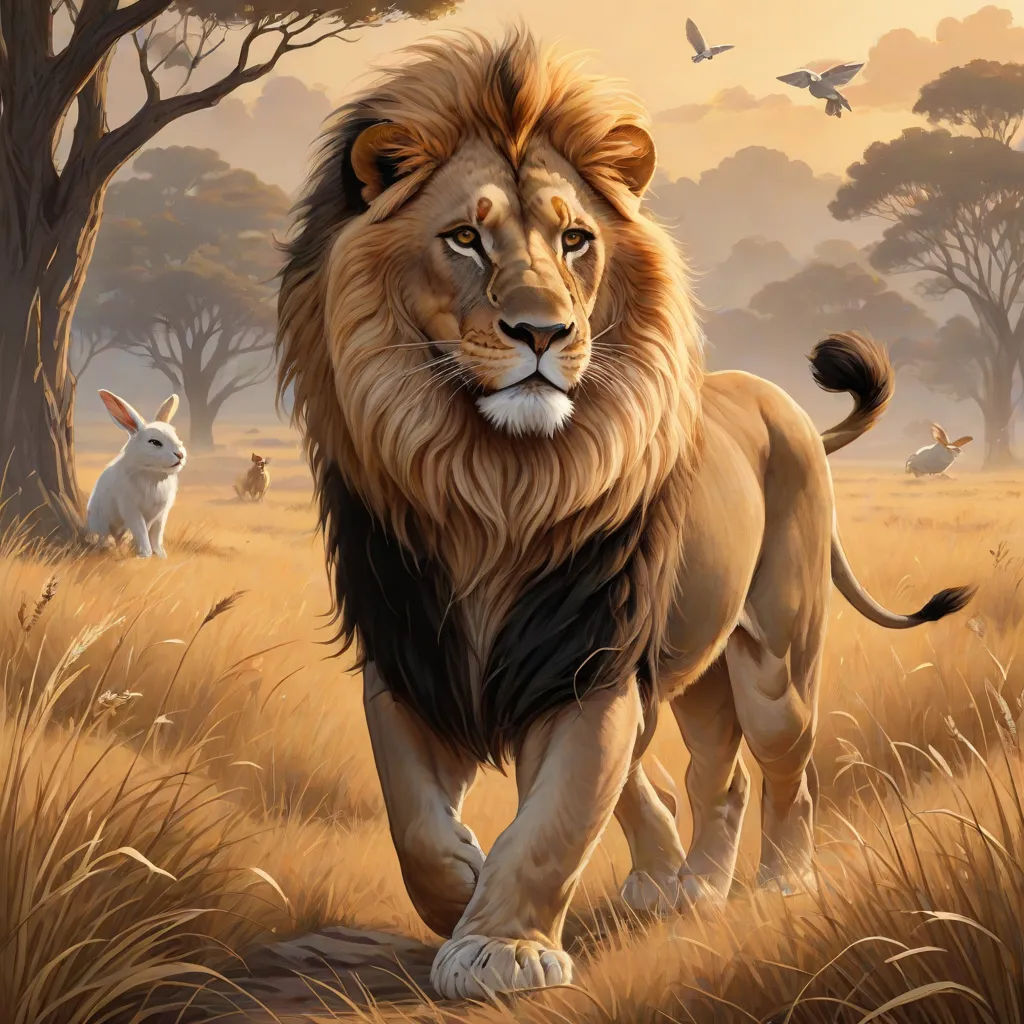a lion and a rabbit are walking through a field of grass and trees, with a bird in the background, furry art, a digital painting, Chris LaBrooy, highly detailed digital painting