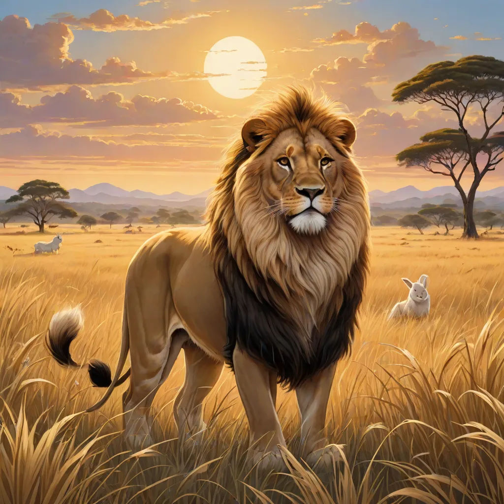 a painting of a lion standing in a field of grass with a rabbit in the background and a sun setting behind it, fantasy art, an airbrush painting, Chris LaBrooy, majestic