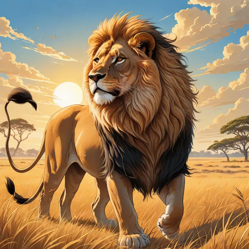 a lion walking through a field of tall grass with the sun in the background and clouds in the sky, fantasy art, an airbrush painting, Chris LaBrooy, majestic