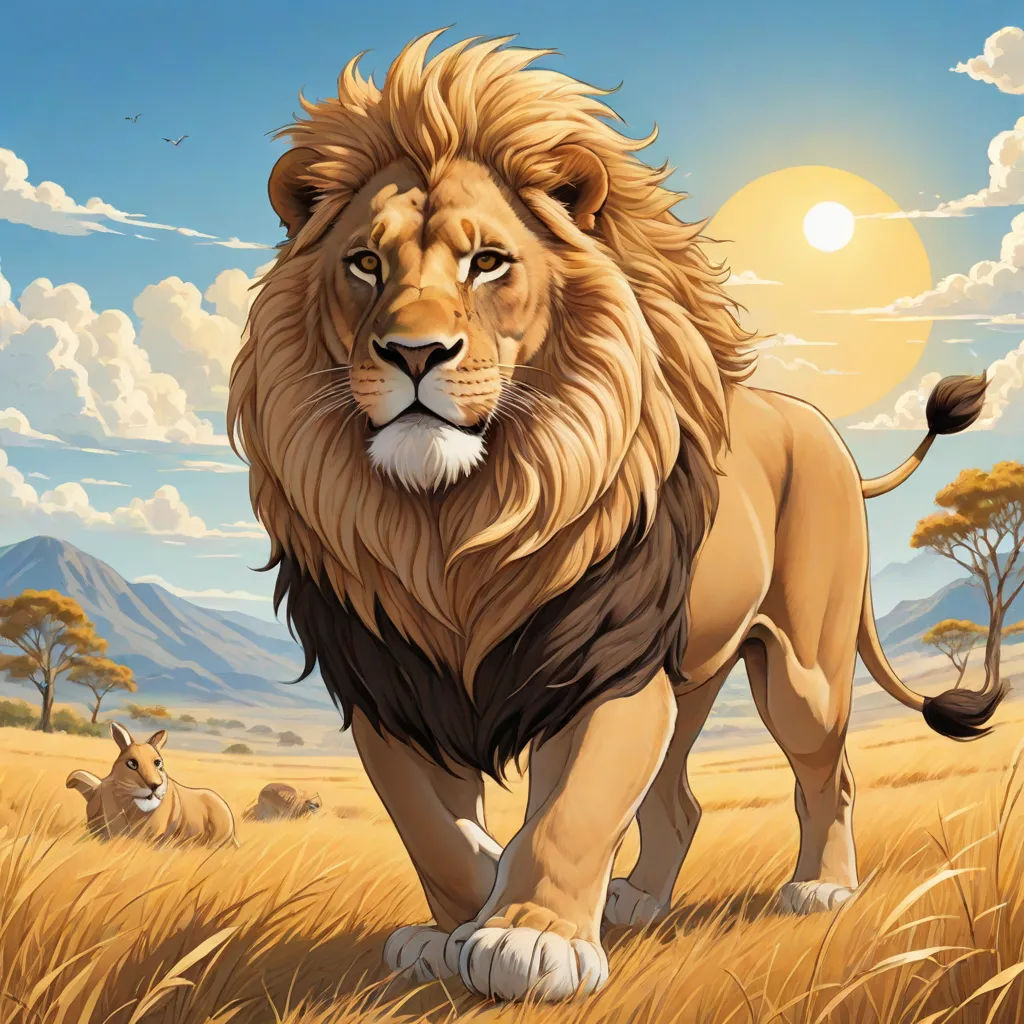 a lion is walking through a field of grass with other animals in the background and a sky with clouds, furry art, an airbrush painting, Chris LaBrooy, highly detailed digital painting