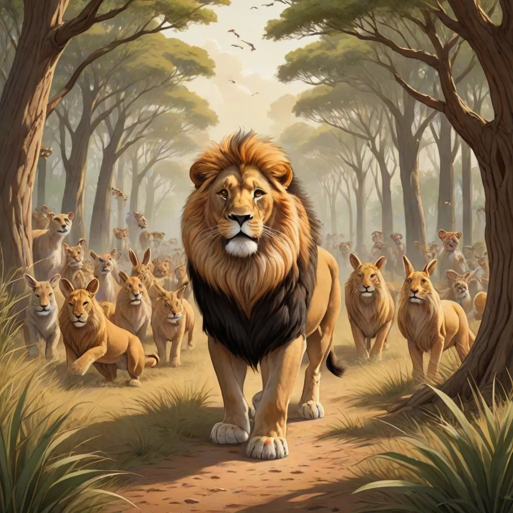 a painting of a lion walking through a forest with other lions in the background and a bird flying overhead, furry art, an oil painting, Chris LaBrooy, wildlife photography