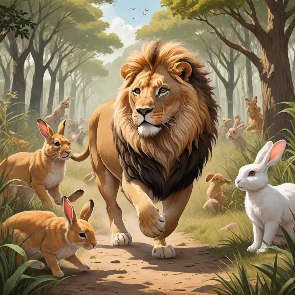 a lion and some rabbits are walking in the woods together, with trees and grass in the background, and a sky background, furry art, a storybook illustration, Chris LaBrooy, furaffinity