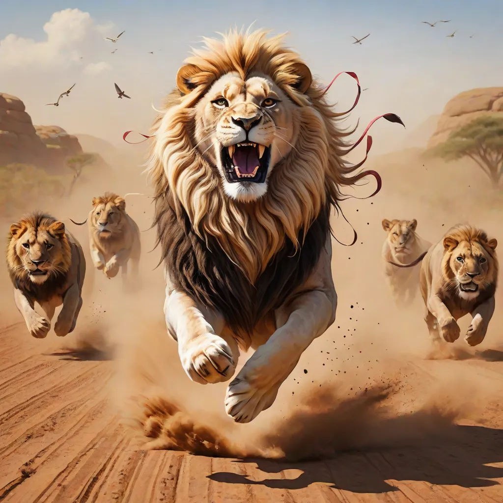 a lion running through the desert with other lions in the background and birds flying overhead in the sky above, lyco art, an airbrush painting, Anne Stokes, highly detailed digital painting