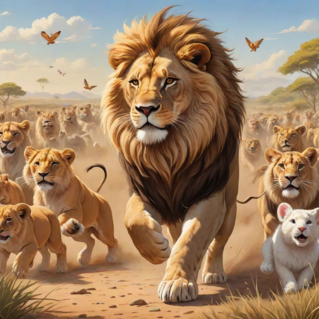 a painting of a lion and his cubs running in the desert with butterflies flying overhead and a sky background, furry art, an oil painting, Anne Stokes, highly detailed oil painting