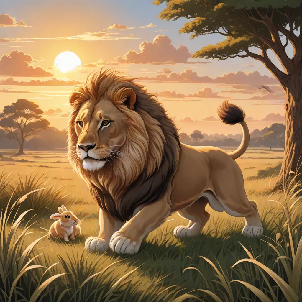 a lion and a dog are in a field at sunset with a tree and a sky background with clouds, furry art, a storybook illustration, Chris LaBrooy, official art