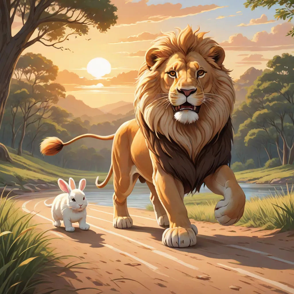 a lion and a rabbit are walking down a path in the woods at sunset or dawn, with a river running through the background, furry art, a storybook illustration, Chris LaBrooy, official art