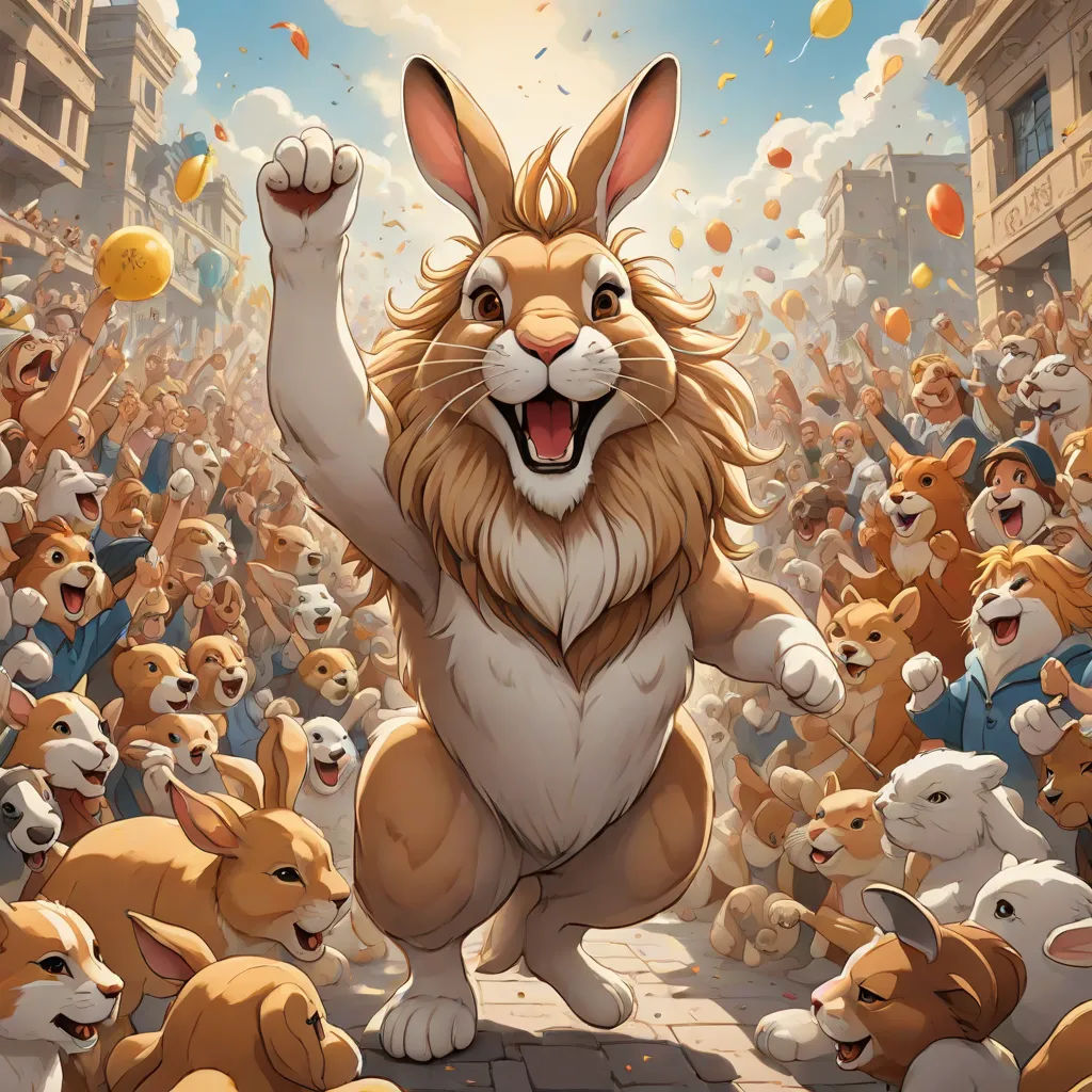 a cartoon of a rabbit surrounded by many other animals and people in a city street with balloons in the air, furry art, a storybook illustration, Clint Cearley, rossdraws global illumination