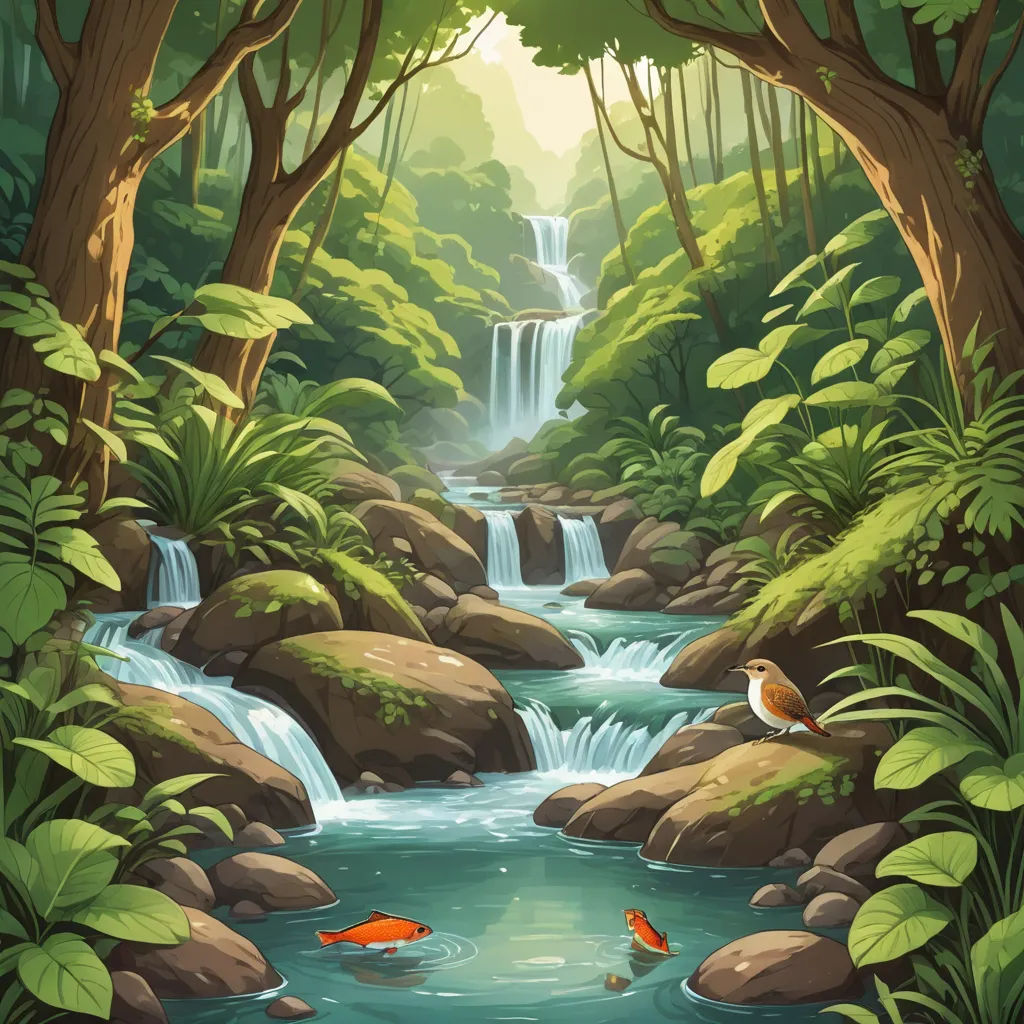 a painting of a waterfall in a forest with goldfish swimming in the water and a bird perched on the rocks, fantasy art, a storybook illustration, Chris LaBrooy, waterfall