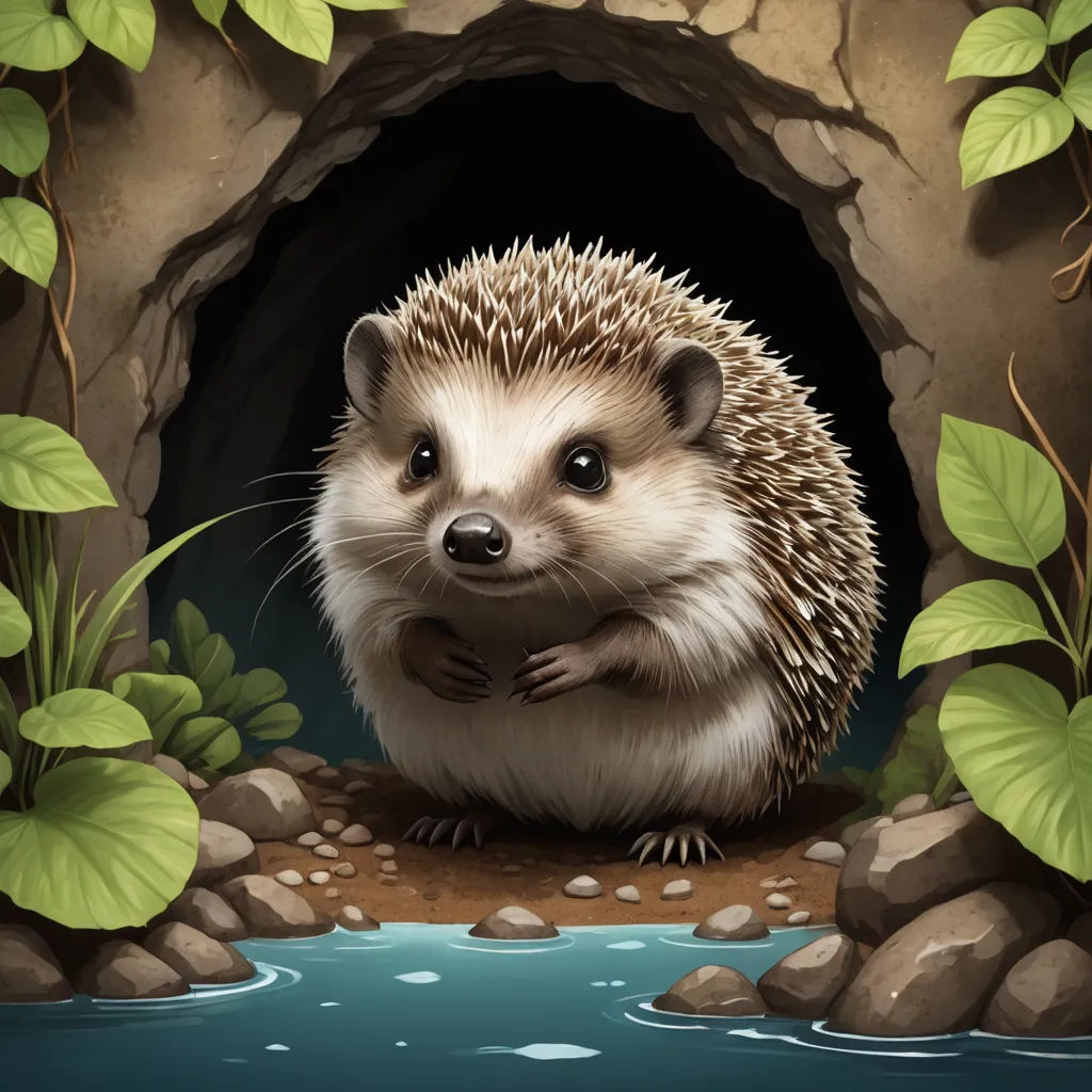 a hedgehog is sitting in a cave with a pond and rocks around it and looking out from it, fantasy art, a storybook illustration, Chris LaBrooy, 2 d game art