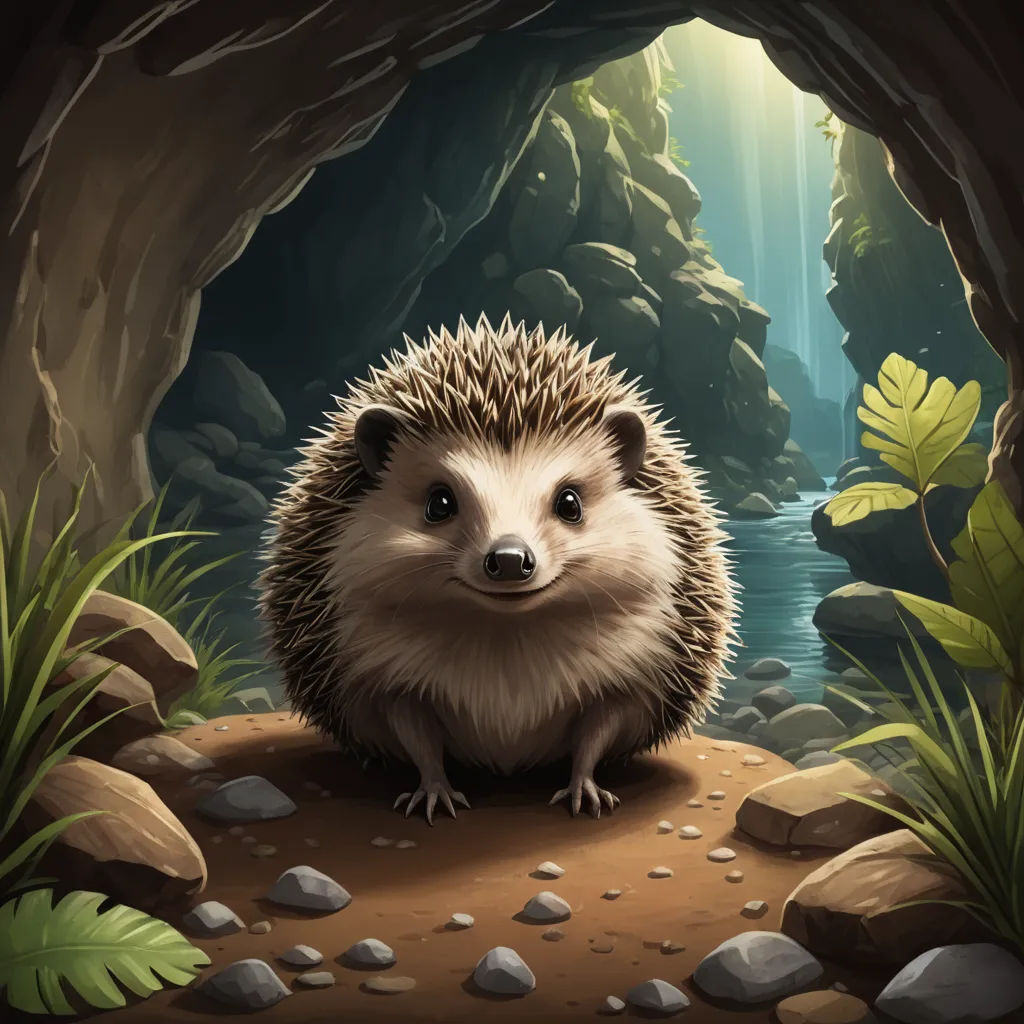 a hedge sitting in a cave with a stream in the background and rocks and plants around it, with a light coming from the cave door, sots art, a character portrait, Clovis Trouille, game art
