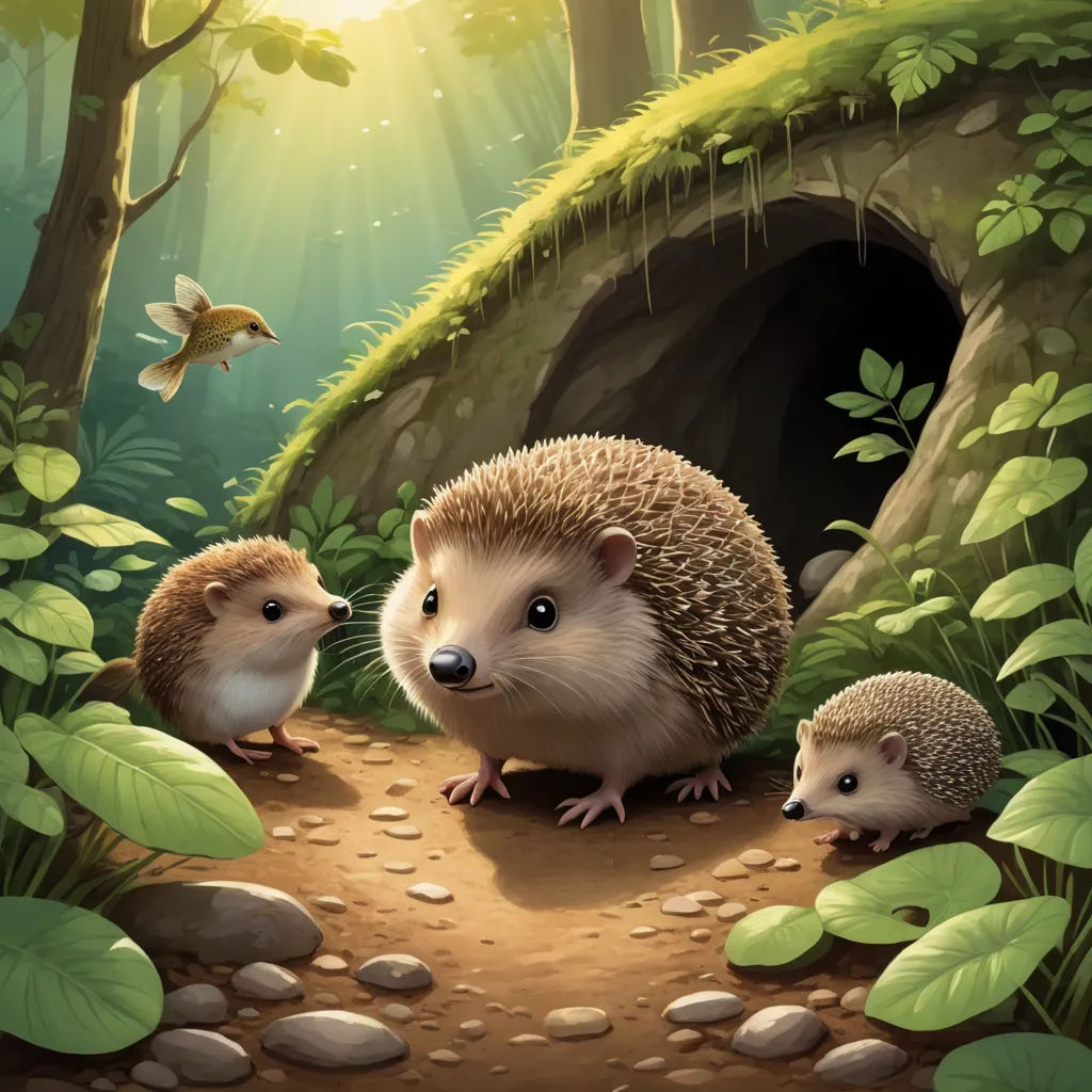 a group of hedgehogs in a forest with a cave in the background and a fish in the water, sots art, a storybook illustration, Colin Middleton, storybook illustration