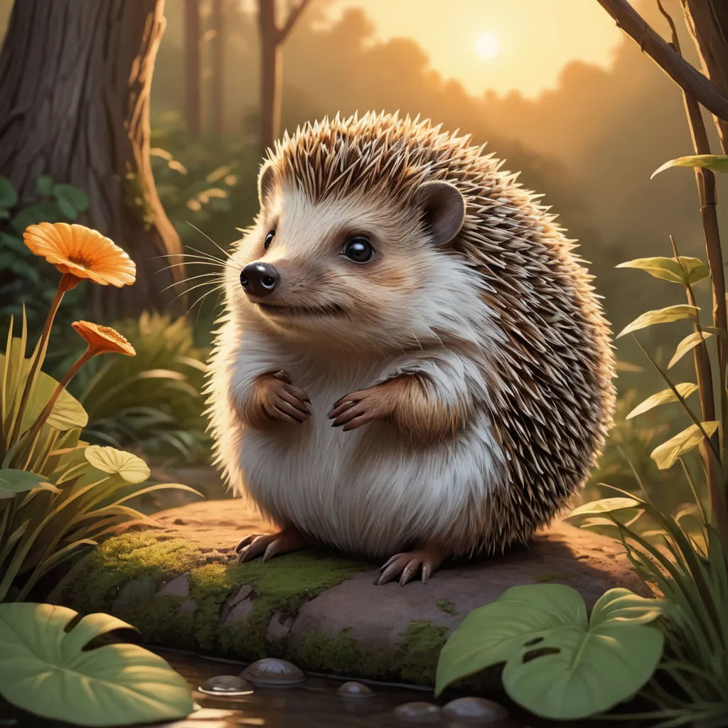 a hedge sitting on a rock in a forest with flowers and a stream in the foreground, with a sun setting behind it, fantasy art, a digital painting, Chris LaBrooy, ultra realistic digital art