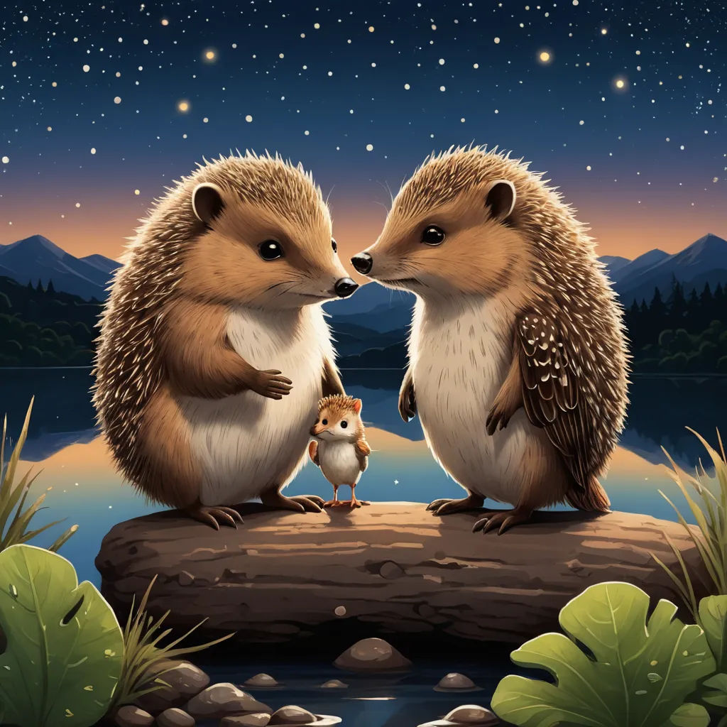 two hedgehogs are standing on a log in the wilderness at night with a squirrel in front of them, sots art, a storybook illustration, Chris LaBrooy, official art