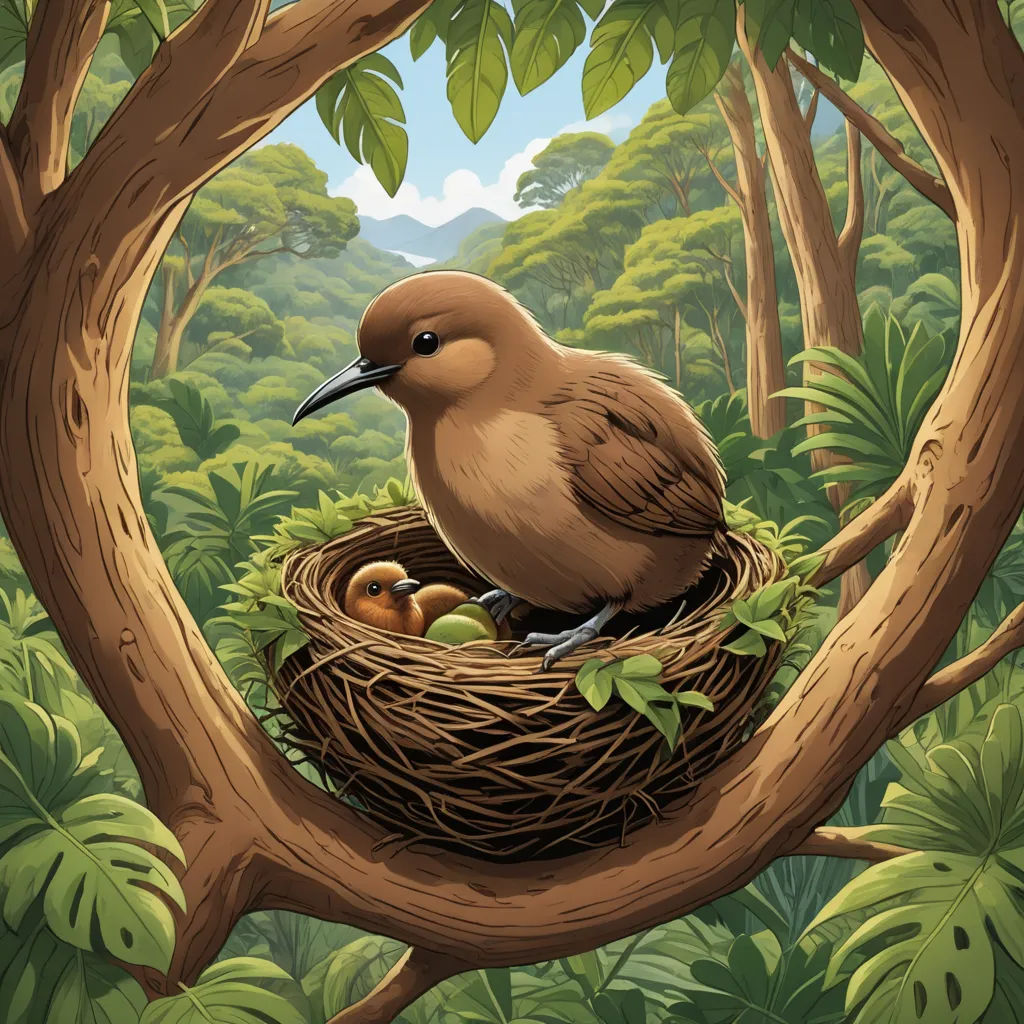 a bird sitting on top of a nest in a tree filled forest with eggs in it's nest, environmental art, a storybook illustration, Chris LaBrooy, highly detailed digital painting