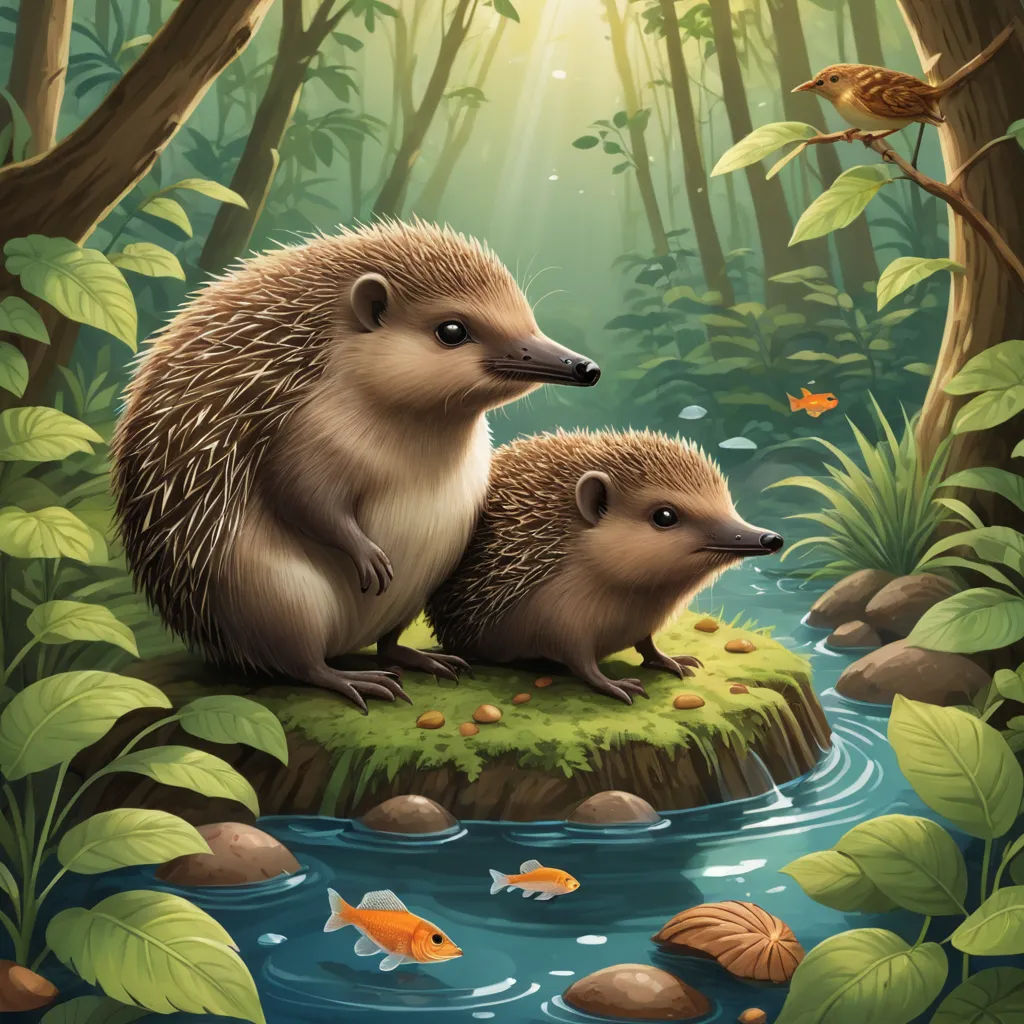 a painting of two hedgehogs sitting on a small island in a forest with a bird perched on top of it, sots art, a storybook illustration, Dan Mumford, storybook illustration