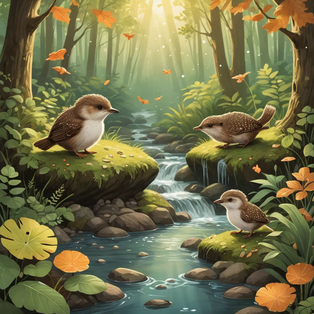 a painting of two birds sitting on a rock in a forest with a stream running through it and butterflies flying around, fantasy art, a storybook illustration, Chris LaBrooy, birds