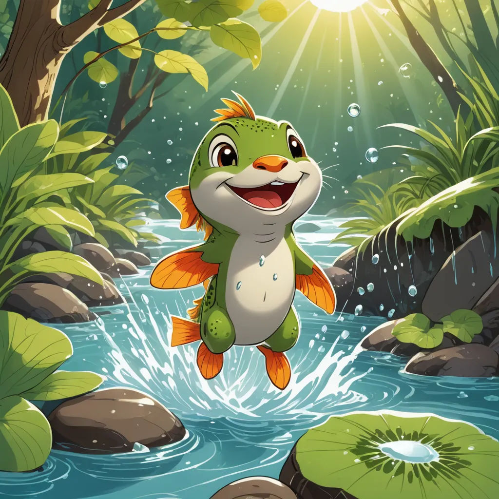 a frog jumping into a river with lily pads on the ground and a sun shining in the background with a green leafy forest, sots art, a storybook illustration, Abidin Dino, splash art