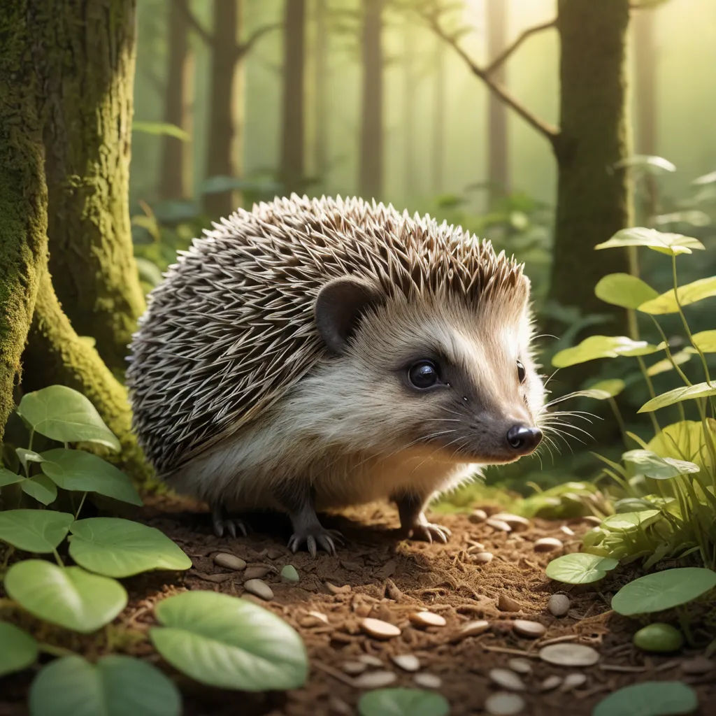 a hedgehog is standing in the middle of a forest with lots of leaves and rocks on the ground, photorealism, a stock photo, Clovis Trouille, award-winning photograph