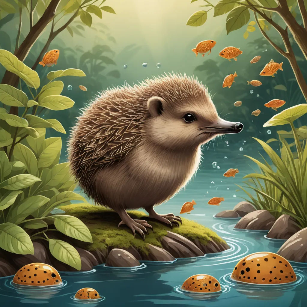 a hedgehog is sitting on a rock in the water surrounded by leaves and rocks, and a few fish are swimming around, sots art, a storybook illustration, Chris LaBrooy, highly detailed digital painting