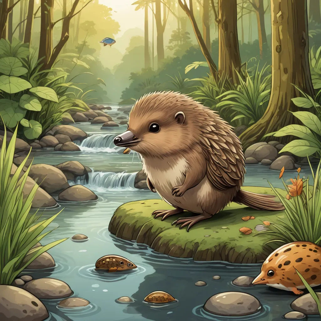 a beaver and a fish in a river near a forest with rocks and plants illustration by alex krawc, sots art, a storybook illustration, Chris LaBrooy, storybook illustration