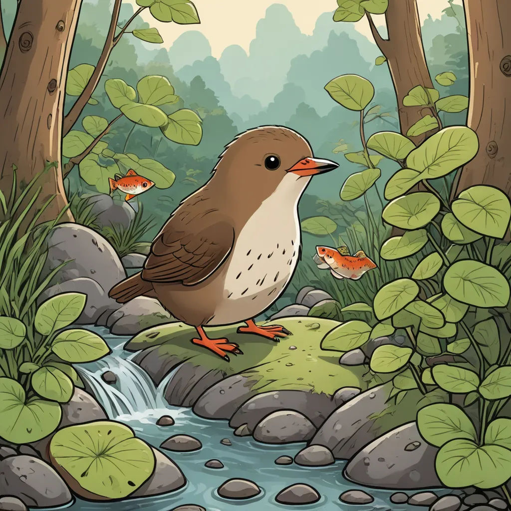 a bird is standing on a rock near a stream and lily pads in a forest with a waterfall and green leaves, fantasy art, a storybook illustration, Dan Mumford, storybook illustration