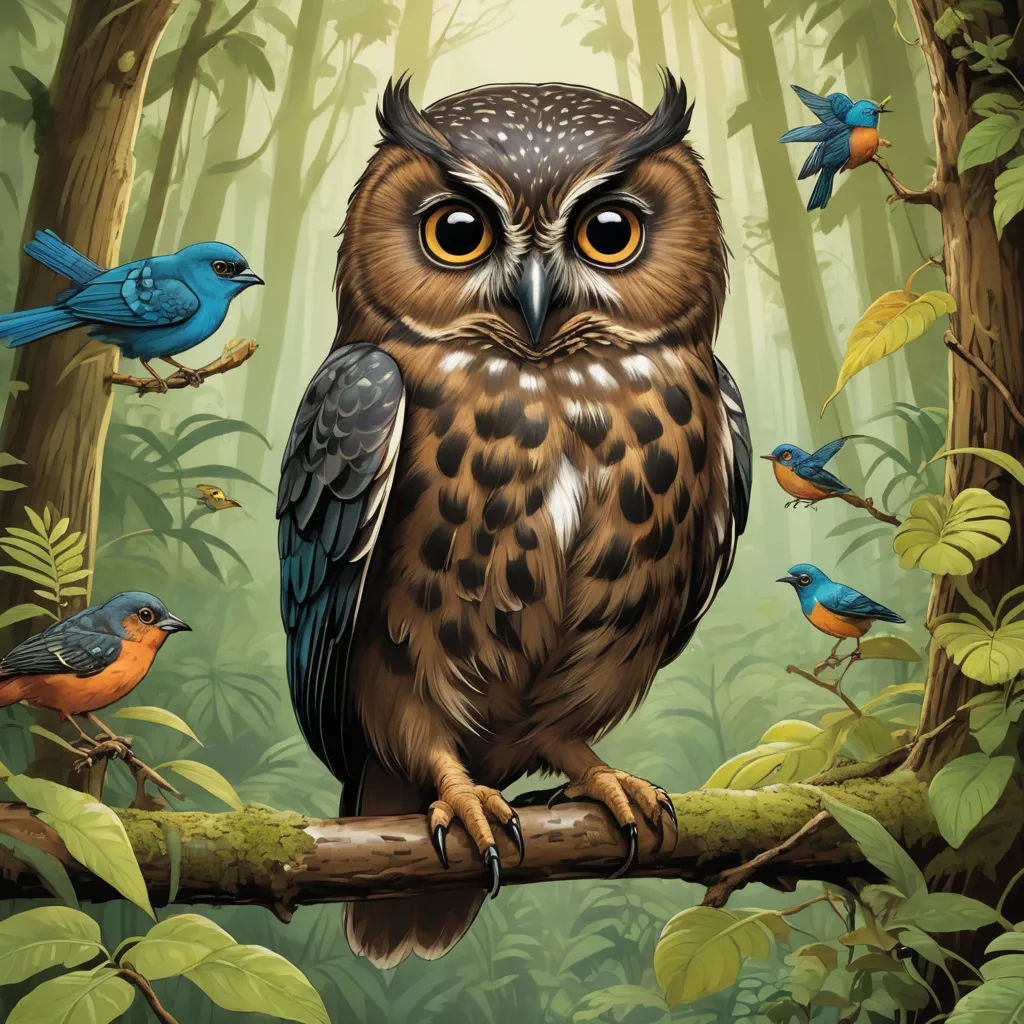 a painting of an owl sitting on a branch in a forest with birds around it and a forest background, fantasy art, a storybook illustration, Chris LaBrooy, highly detailed digital painting