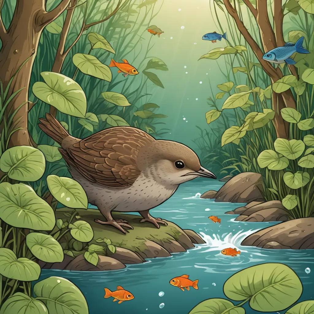 a bird is sitting on a rock in the water and looking at a fish in the pond with lily pads, naturalism, a storybook illustration, Chris LaBrooy, storybook illustration